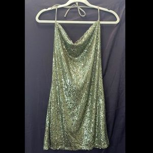 ASOS Topshop Petite Sequin Cowl Neck Mini Dress, Green Sparkle, Size 8